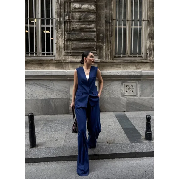 Poly Viscose Arkasi Düğme Ve Kemer Detayli Yelek Pantolon Takim