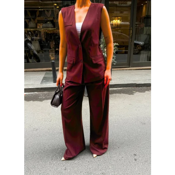 Poly Viscose Arkasi Düğme Ve Kemer Detayli Yelek Pantolon Takim