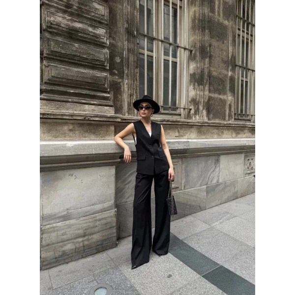 Poly Viscose Arkasi Düğme Ve Kemer Detayli Yelek Pantolon Takim