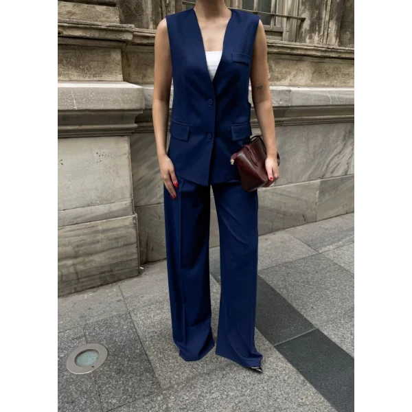 Poly Viscose Arkasi Düğme Ve Kemer Detayli Yelek Pantolon Takim