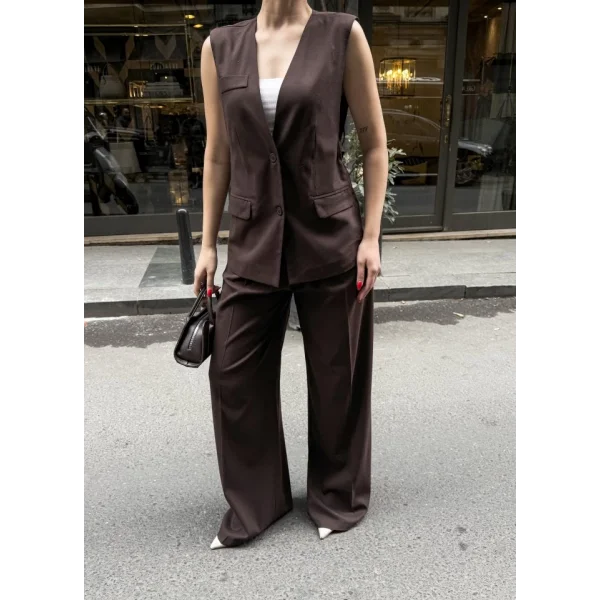 Poly Viscose Arkasi Düğme Ve Kemer Detayli Yelek Pantolon Takim
