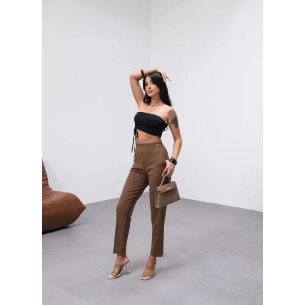 Poly Viscose Dekorati̇f Düğmeli̇ Arka Bel Lasti̇kli̇ Pantolon