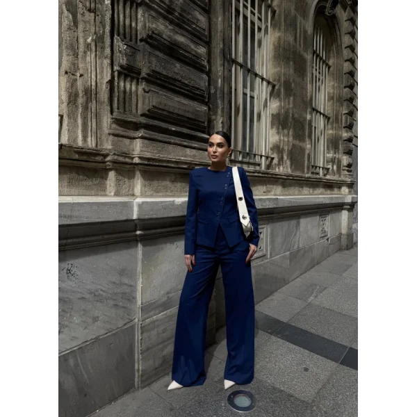 Poly Viscose Full Lycra Asi̇metri̇k Düğmeli̇ Vatkali Ceket Pantolon Takim