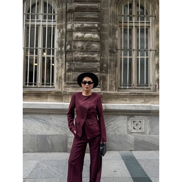 Poly Viscose Full Lycra Asi̇metri̇k Düğmeli̇ Vatkali Ceket Pantolon Takim