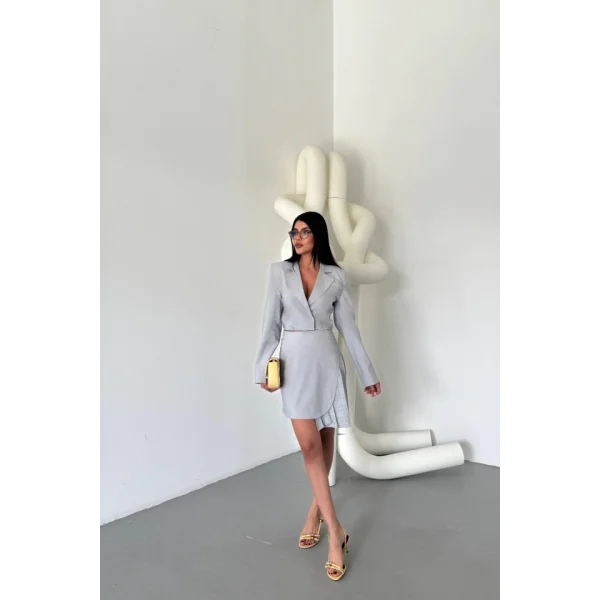 POLYVİSKON CROP CEKET - EKOSE PİLE DETAYLI ETEK TAKIM - Gri