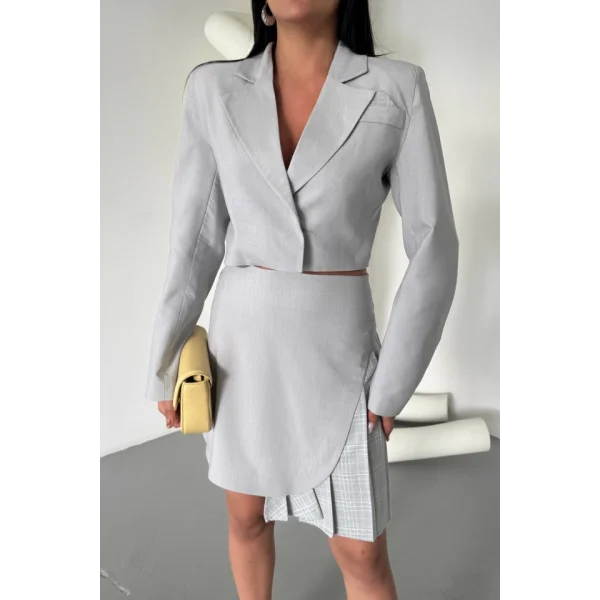 POLYVİSKON CROP CEKET - EKOSE PİLE DETAYLI ETEK TAKIM - Gri