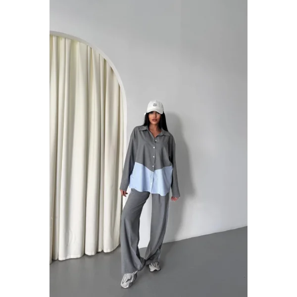 POLYVİSKON - POPLİN PARÇALI GÖMLEK PANTOLON TAKIM - Gri