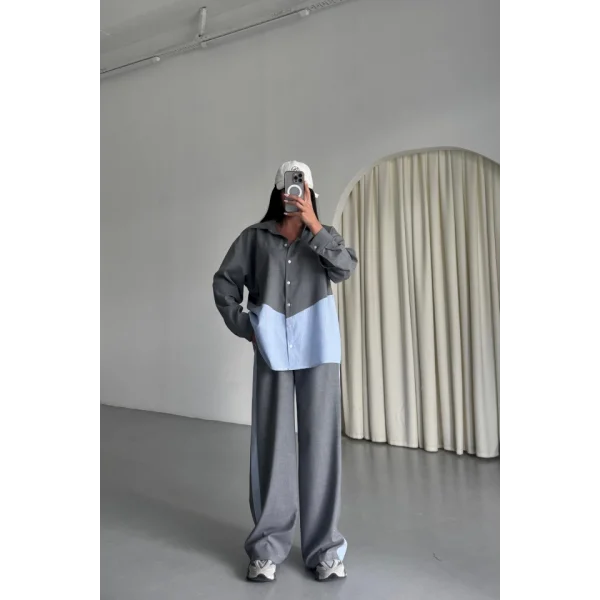 POLYVİSKON - POPLİN PARÇALI GÖMLEK PANTOLON TAKIM - Gri
