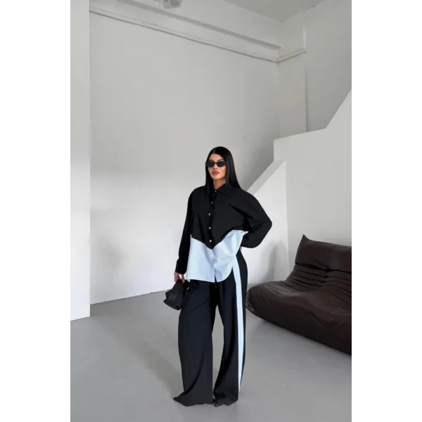 POLYVİSKON - POPLİN PARÇALI GÖMLEK PANTOLON TAKIM - Siyah