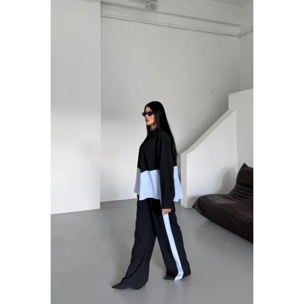 POLYVİSKON - POPLİN PARÇALI GÖMLEK PANTOLON TAKIM - Siyah