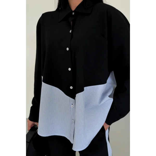 POLYVİSKON - POPLİN PARÇALI GÖMLEK PANTOLON TAKIM - Siyah