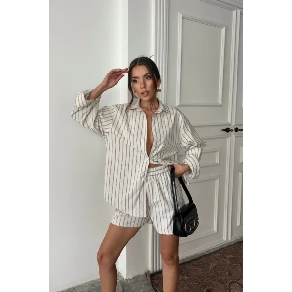POPLİN ÇİZGİLİ GÖMLEK - ŞORT TAKIM - Bej