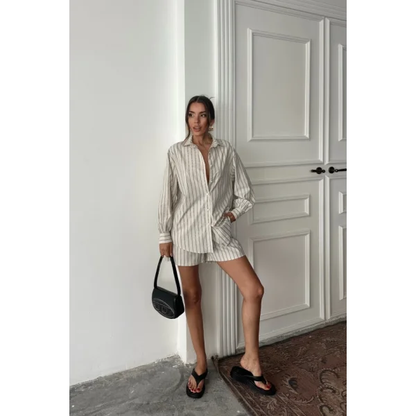 POPLİN ÇİZGİLİ GÖMLEK - ŞORT TAKIM - Bej