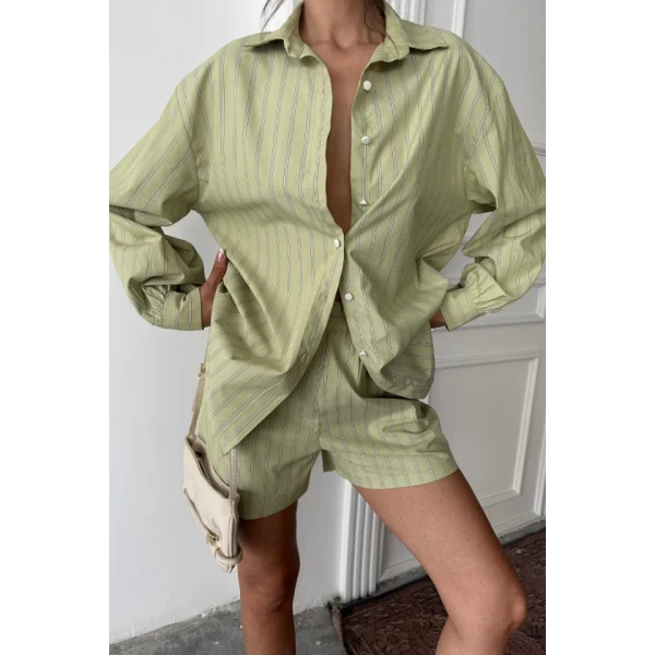 POPLİN ÇİZGİLİ GÖMLEK - ŞORT TAKIM - Yeşil