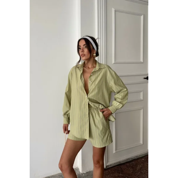 POPLİN ÇİZGİLİ GÖMLEK - ŞORT TAKIM - Yeşil