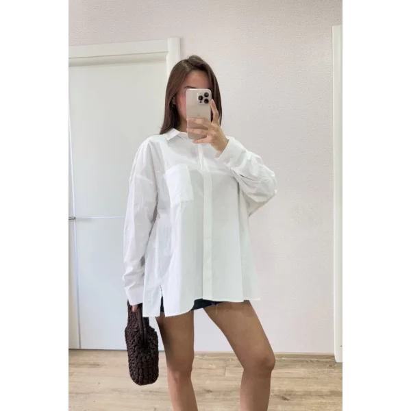 Poplin Kadın Yakalı Yandan Yırtmaçlı Arka Pens Detaylı Gömlek - Beyaz