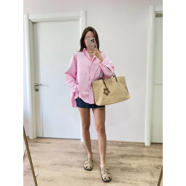 Poplin Kadın Yakalı Yandan Yırtmaçlı Arka Pens Detaylı Gömlek - Pembe