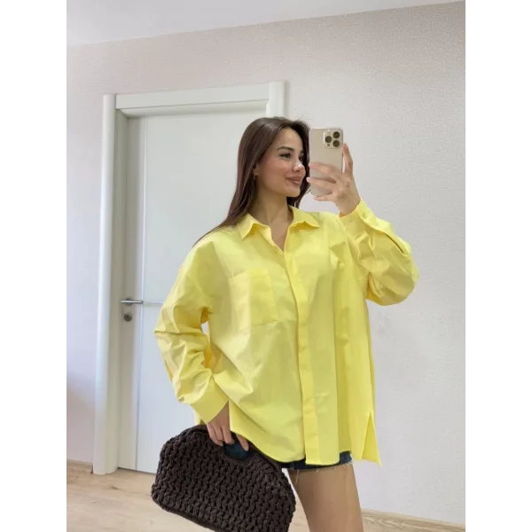 Poplin Kadın Yakalı Yandan Yırtmaçlı Arka Pens Detaylı Gömlek - Sarı