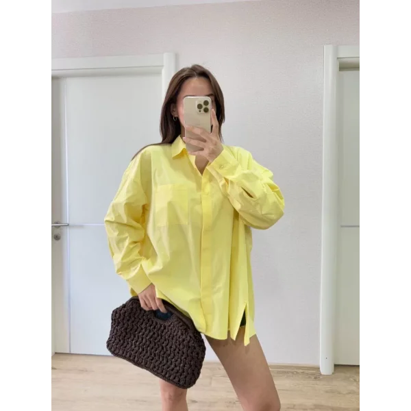 Poplin Kadın Yakalı Yandan Yırtmaçlı Arka Pens Detaylı Gömlek - Sarı