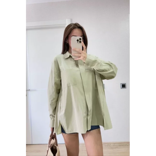 Poplin Kadın Yakalı Yandan Yırtmaçlı Arka Pens Detaylı Gömlek - Yeşil