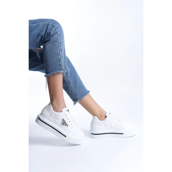PRAG Bağcıklı Ortopedik Taban Desenli Kadın Sneaker Spor Ayakkabı  CBT - Beyaz
