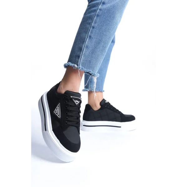PRAG Bağcıklı Ortopedik Taban Desenli Kadın Sneaker Spor Ayakkabı  CBT - Siyah