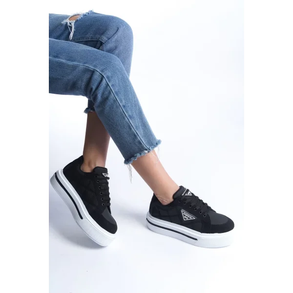 PRAG Bağcıklı Ortopedik Taban Desenli Kadın Sneaker Spor Ayakkabı  CBT - Siyah