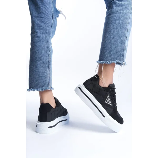 PRAG Bağcıklı Ortopedik Taban Desenli Kadın Sneaker Spor Ayakkabı  CBT - Siyah