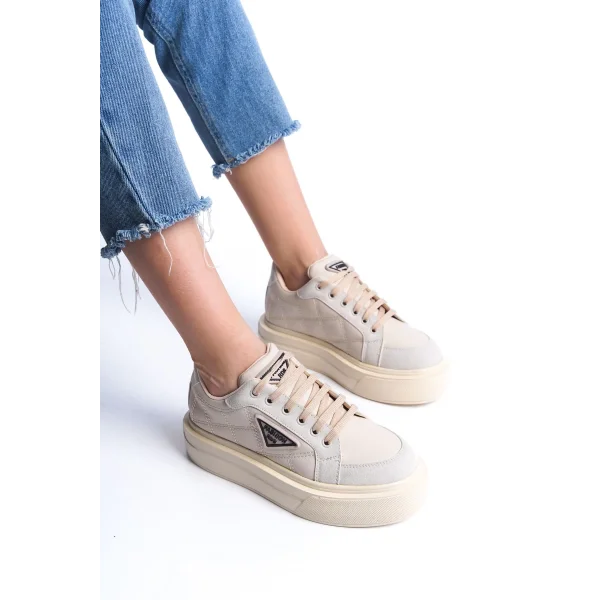 PRAG Bağcıklı Ortopedik Taban Desenli Kadın Sneaker Spor Ayakkabı  CKT - Krem