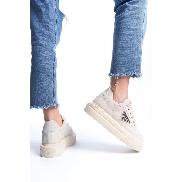PRAG Bağcıklı Ortopedik Taban Desenli Kadın Sneaker Spor Ayakkabı  CKT - Krem