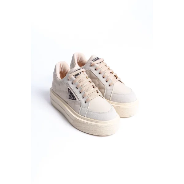 PRAG Bağcıklı Ortopedik Taban Desenli Kadın Sneaker Spor Ayakkabı  CKT - Krem