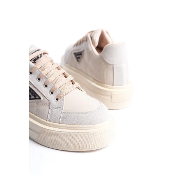 PRAG Bağcıklı Ortopedik Taban Desenli Kadın Sneaker Spor Ayakkabı  CKT - Krem