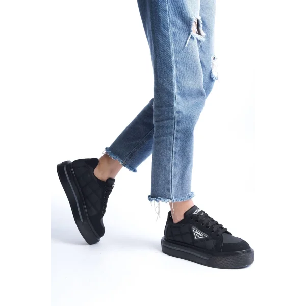 PRAG Bağcıklı Ortopedik Taban Desenli Kadın Sneaker Spor Ayakkabı  CST - Siyah