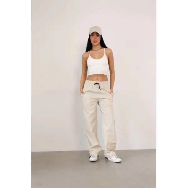 Praşut Kumaş Paça Cepli Baggy Eşofman  Bej