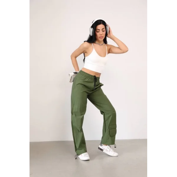 Praşut Kumaş Paça Cepli Baggy Eşofman  Haki