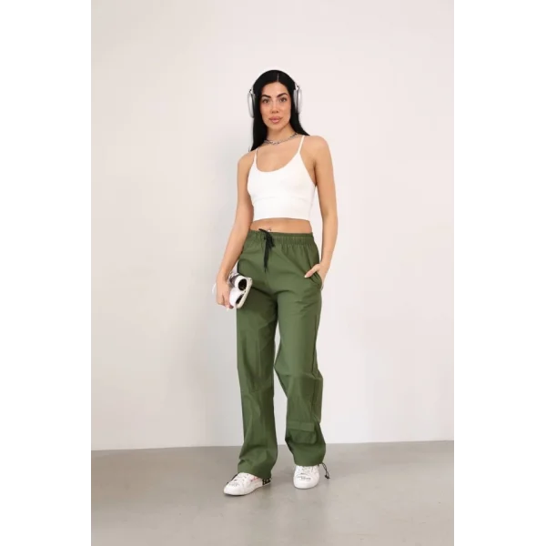 Praşut Kumaş Paça Cepli Baggy Eşofman  Haki