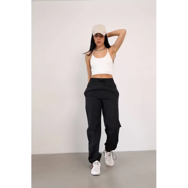 Paraşut Kumaş Paça Cepli Baggy Eşofman - Siyah