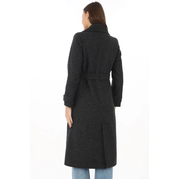 Premium Kadın Kaşe Kaban Uzun Boy, Balık Sırtı Yünlü Kaşmir Dokuma, Kruvaze Kuşaklı Astarlı - Siyah