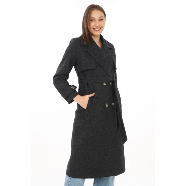 Premium Kaşe Kaban Uzun Boy, Balık Sırtı Yünlü Kaşmir Dokuma, Kruvaze Kuşaklı Astarlı - Siyah