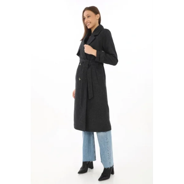 Premium Kaşe Kaban Uzun Boy, Balık Sırtı Yünlü Kaşmir Dokuma, Kruvaze Kuşaklı Astarlı - Siyah