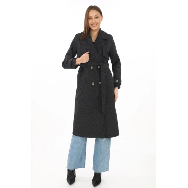 Premium Kaşe Kaban Uzun Boy, Balık Sırtı Yünlü Kaşmir Dokuma, Kruvaze Kuşaklı Astarlı - Siyah