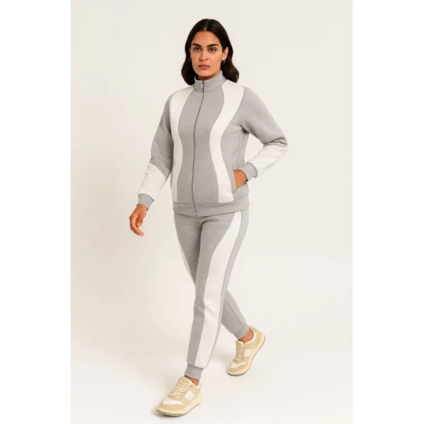 Premium Parçalı Eşofman Takım - Dik Yaka Fermuarlı Sweatshirt - Gri