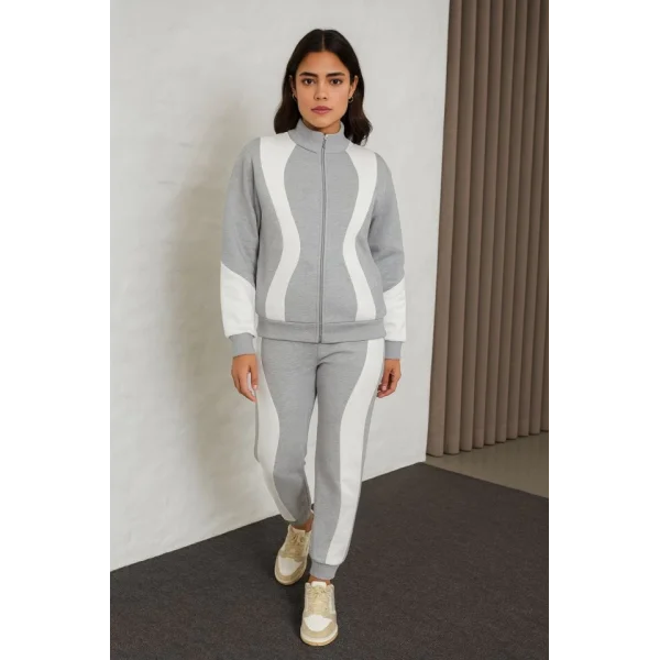 Premium Parçalı Eşofman Takım - Dik Yaka Fermuarlı Sweatshirt - Gri