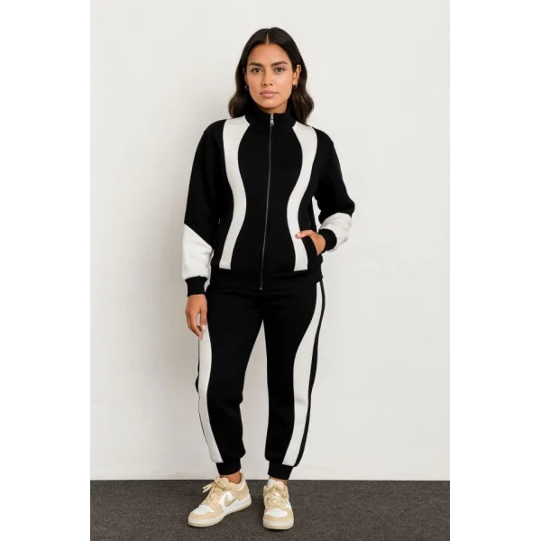 Premium Parçalı Eşofman Takım - Dik Yaka Fermuarlı Sweatshirt - Siyah