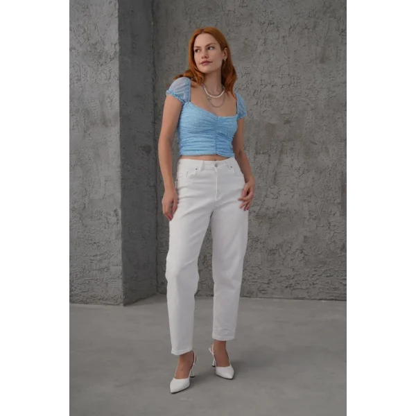 Puantiyeli Belden Oturtmalı Tül avi Bluz