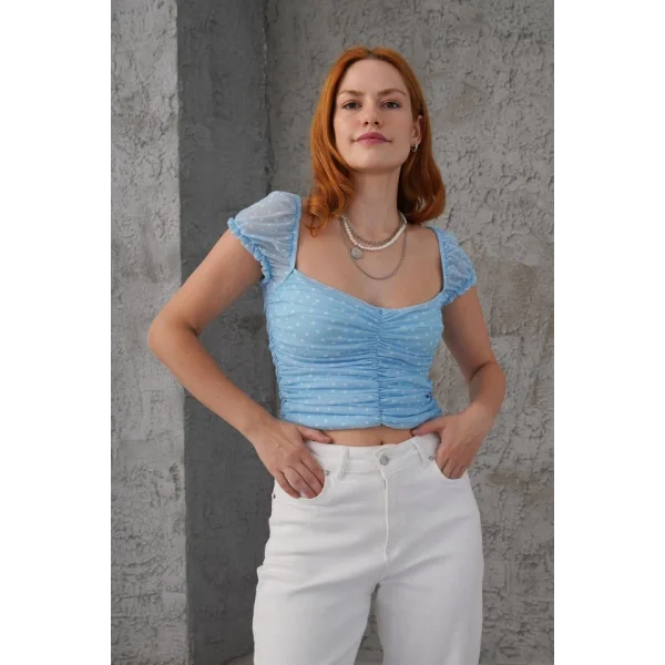 Puantiyeli Belden Oturtmalı Tül avi Bluz