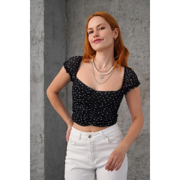 Puantiyeli Belden Oturtmalı Tül iyah Bluz