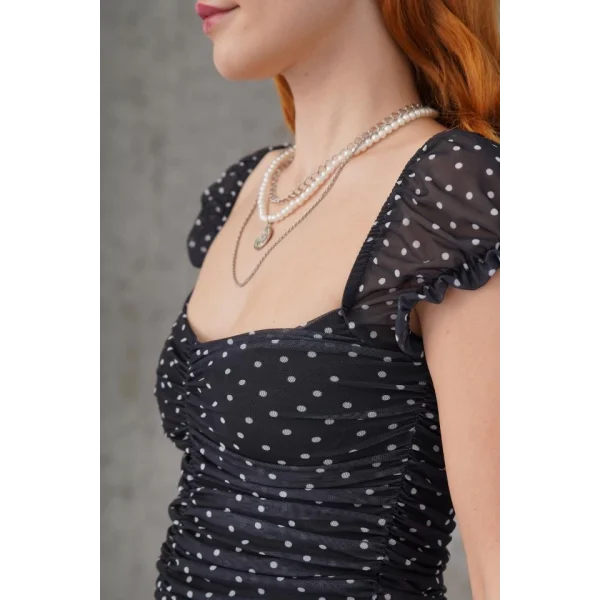 Puantiyeli Belden Oturtmalı Tül iyah Bluz