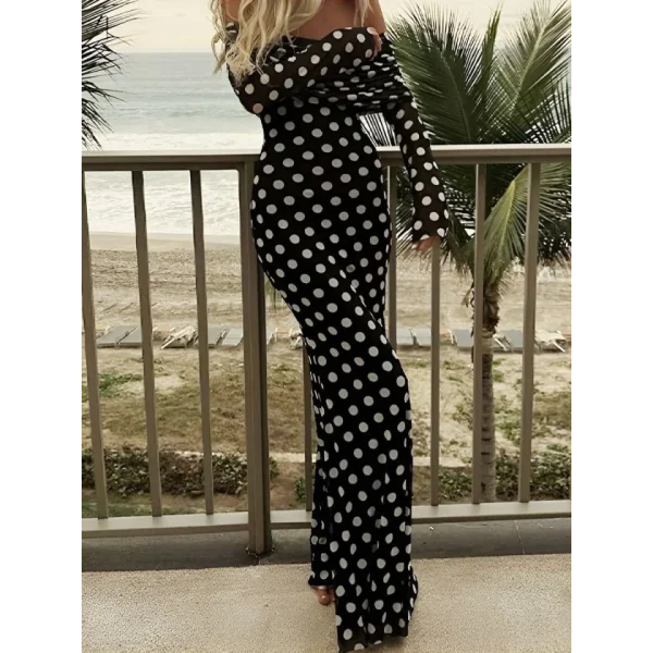 Puantiyeli Tül İçi Astarlı Madonna Yaka Maxi Boy Elbise