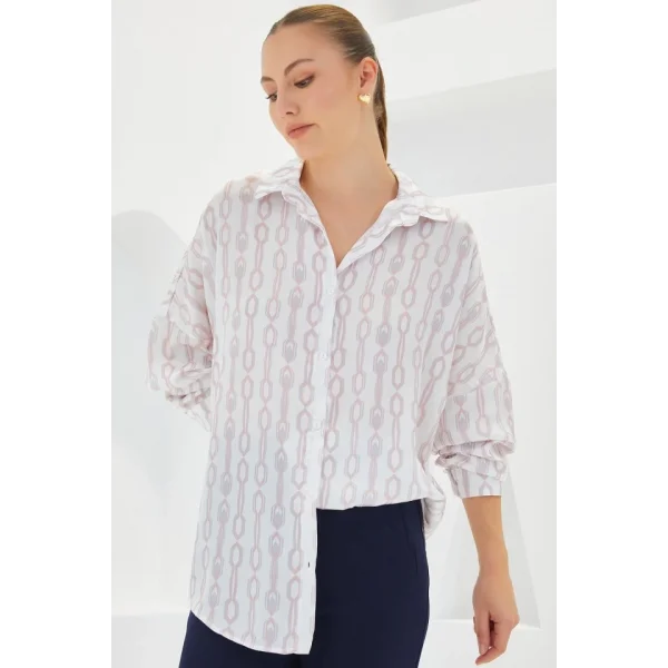 Pudra Beyaz Desenli Oversize Saten Gömlek 3985